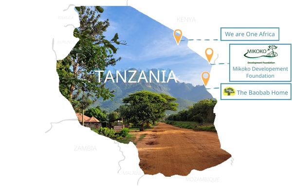 Tansanias Landesumrisse mit markierten Projektstandorten und Logos von Partnerorganisationen vor einer Landschaft mit Straße und Bergen.
