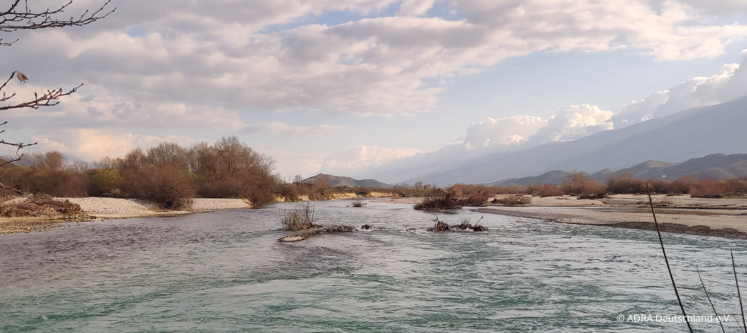 Breiter Fluss mit kleinen Inseln und kahlen Büschen, dahinter Berge unter einem bewölkten Himmel, in Albanien.