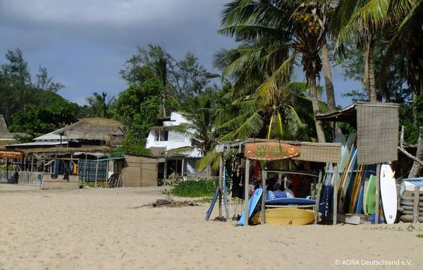 Strand in Mosambik mit Palmen, einfachen Strandgebäuden und einer Surfschule mit aufgestellten Surfbrettern