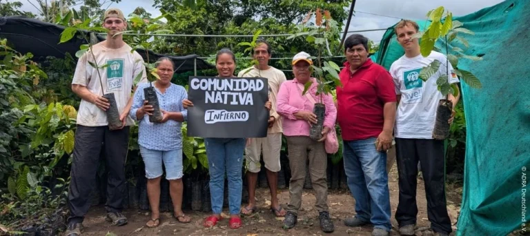 ADRA-Freiwillige und Mitglieder der indigenen Gemeinschaft Infierno mit jungen Baumsetzlingen in Peru