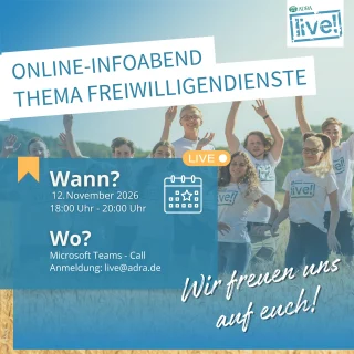 Du hast gerade deinen Abschluss in der Tasche und bist eigentlich noch völlig planlos, was die Zukunft für dich bringen soll? 🤷‍♂

📧 Dann melde dich an für unseren Online-Infoabend zum Thema Auslandsfreiwilligendienste am 12.11.26. Hier erfährst du mehr über mögliche Einsatzländer und -gebiete, die Zusammenarbeit mit @weltwaerts und an was du bei einem Einsatz im Ausland denken solltest.

Wie wäre es z.B. mit einem Jahr in Mosambik? Engagiere dich bei Repensar aktiv für Umwelt- und Bildungsprojekte und arbeite gemeinsam mit Jugendlichen und der lokalen Gemeinschaft an einer nachhaltigeren Zukunft. Sammle wertvolle Erfahrungen, lerne eine neue Kultur intensiv kennen und nutze die Zeit, um dich persönlich weiterzuentwickeln und deine Zukunft bewusst zu gestalten.

Natürlich eignet sich das Jahr auch für alle, die in ihrem Lebensplan im kommenden Jahr etwas Luft haben und gerne neue Menschen und Lebensrealitäten kennenlernen möchten.

📢 Aktuell läuft die Bewerbungsphase für den Freiwilligendienst @adralive 2026/2027.

Du bist jetzt schon sicher, dass du dabei sein willst? Dann schau auf unserer Website adralive.de vorbei und bewirb dich direkt!

Wir freuen uns auf dich! 💚

✉ Anmeldung per Mail an live@adra.de